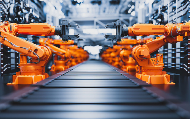 Robotske roke vzdolz montazne linije v moderni tovarni 21.7.2024